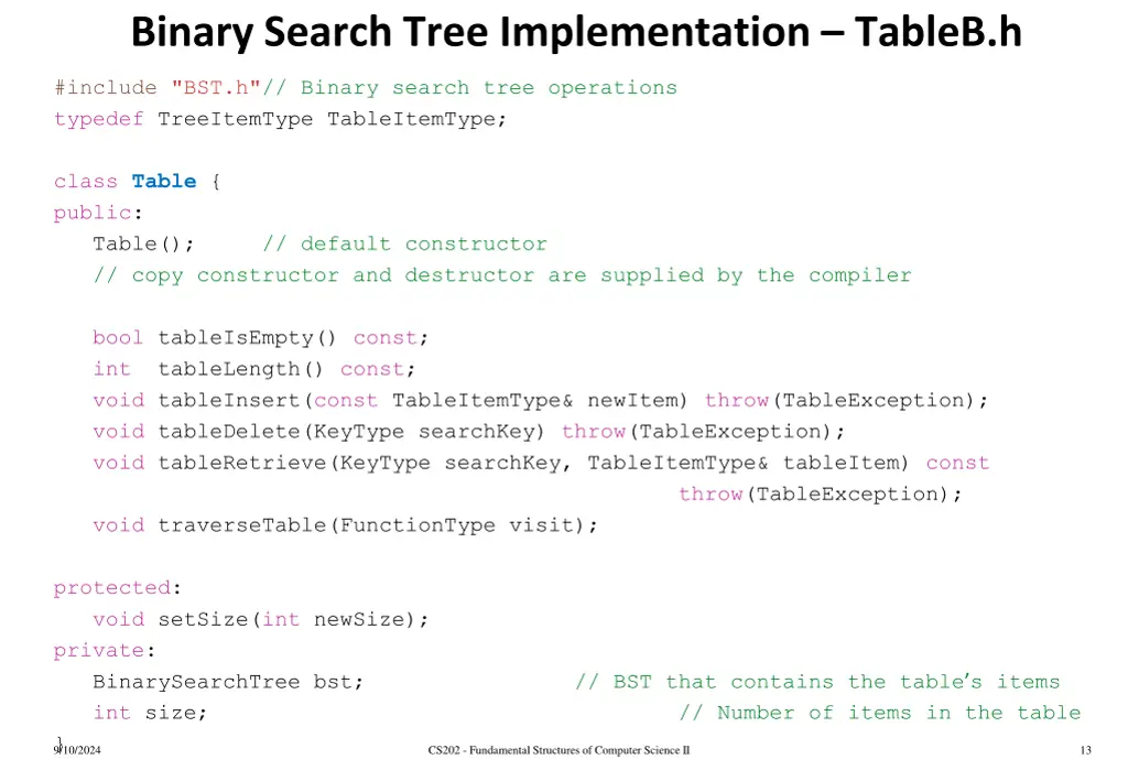 binary search tree implementation tableb h