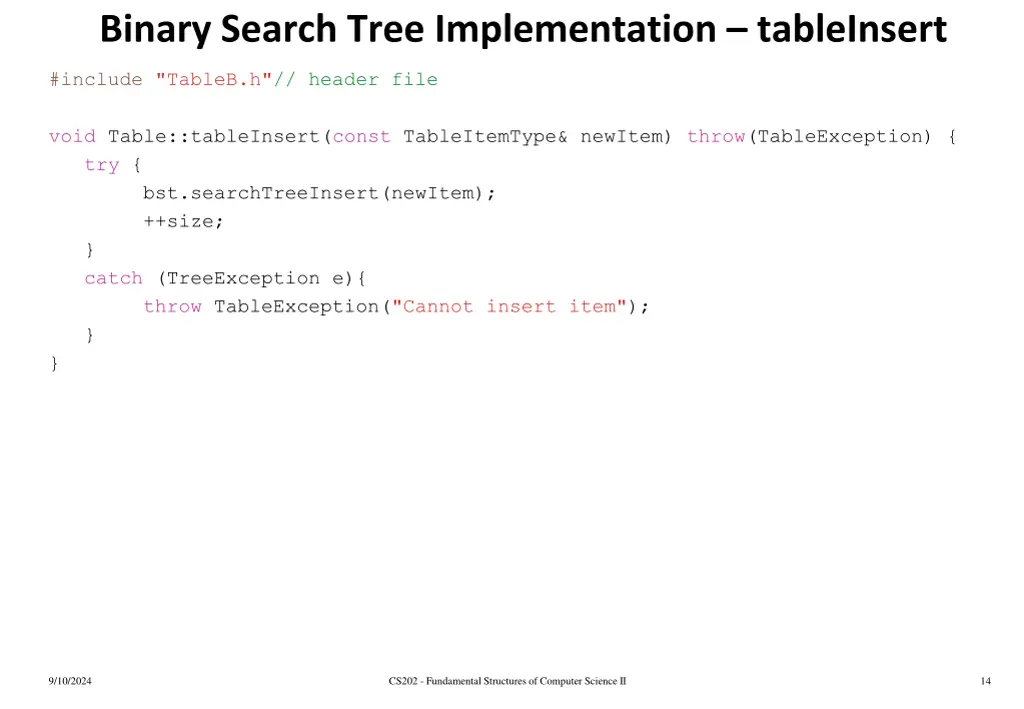 binary search tree implementation tableinsert