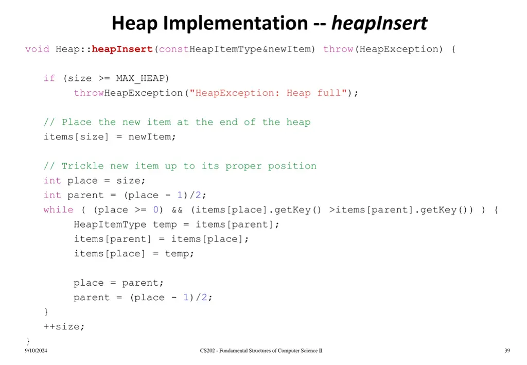 heap implementation heapinsert