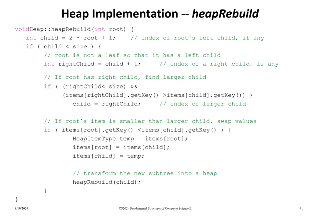 heap implementation heaprebuild