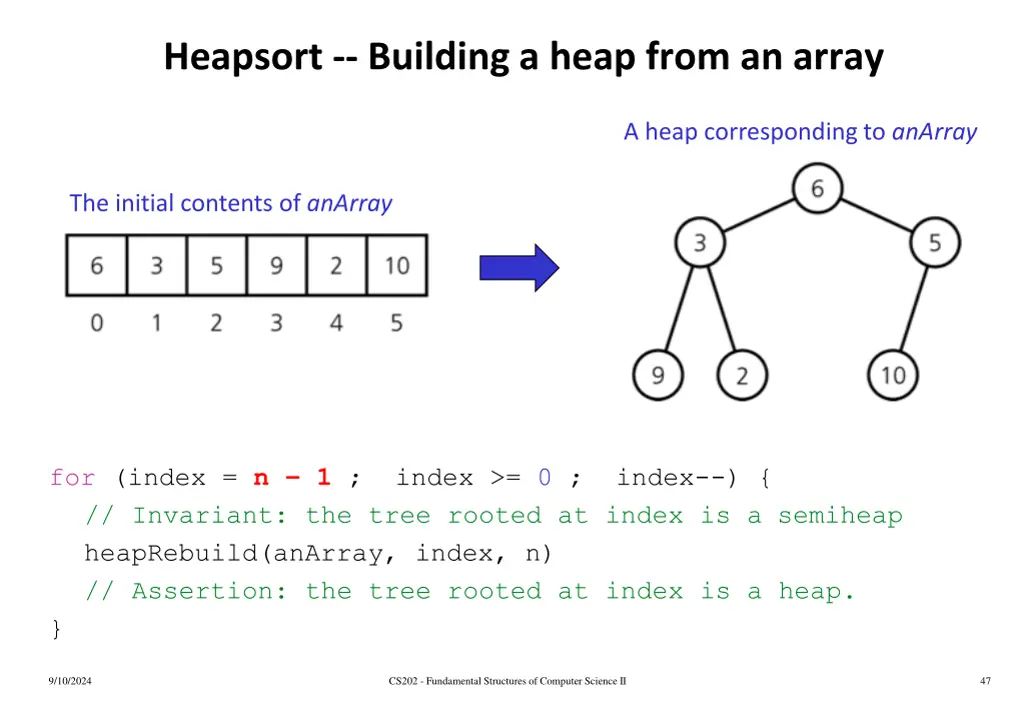 heapsort building a heap from an array