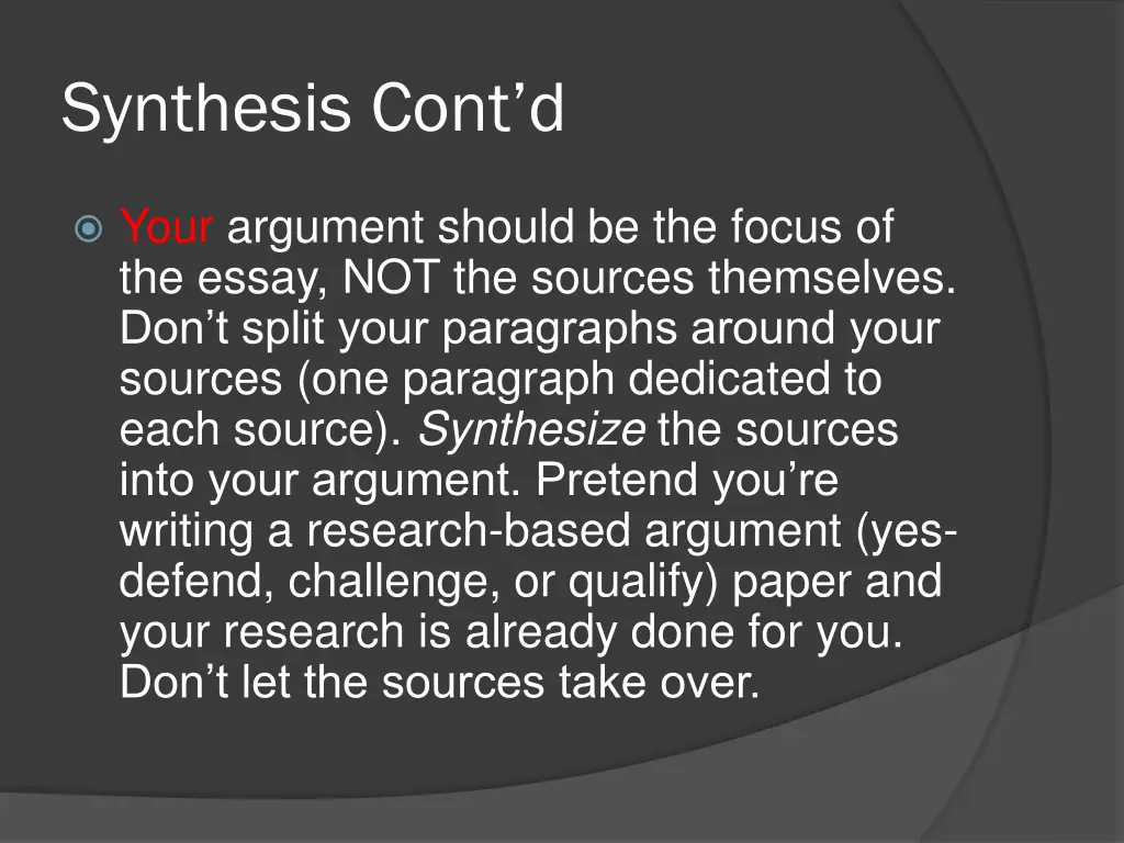 synthesis cont d