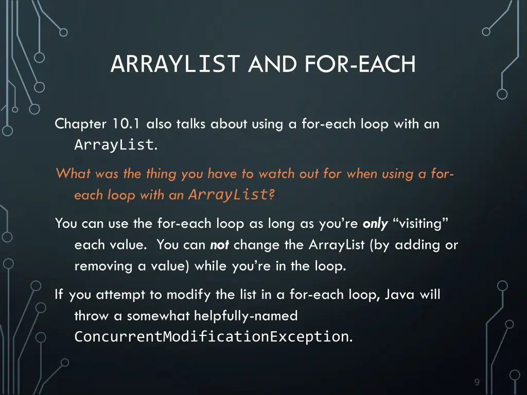 arraylist and for each