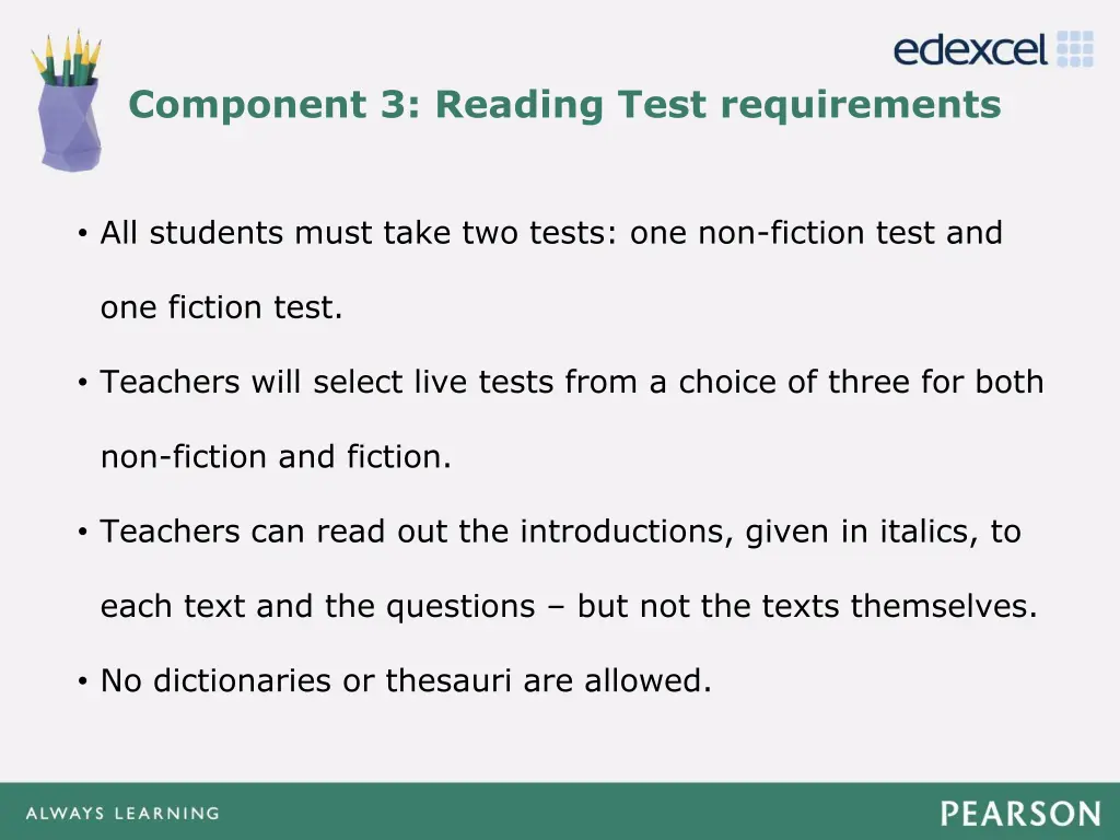 component 3 reading test requirements