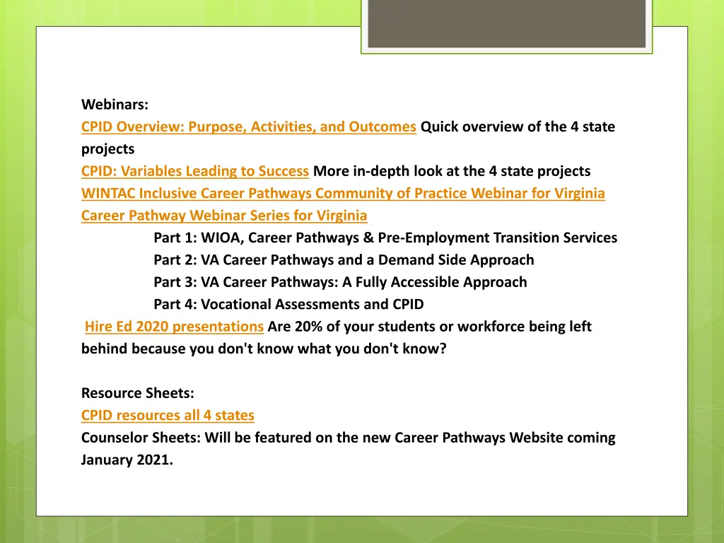 webinars cpid overview purpose activities