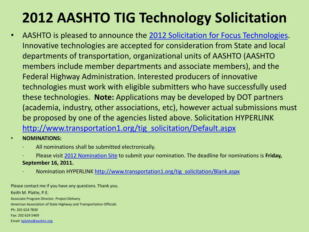 2012 aashto tig technology solicitation