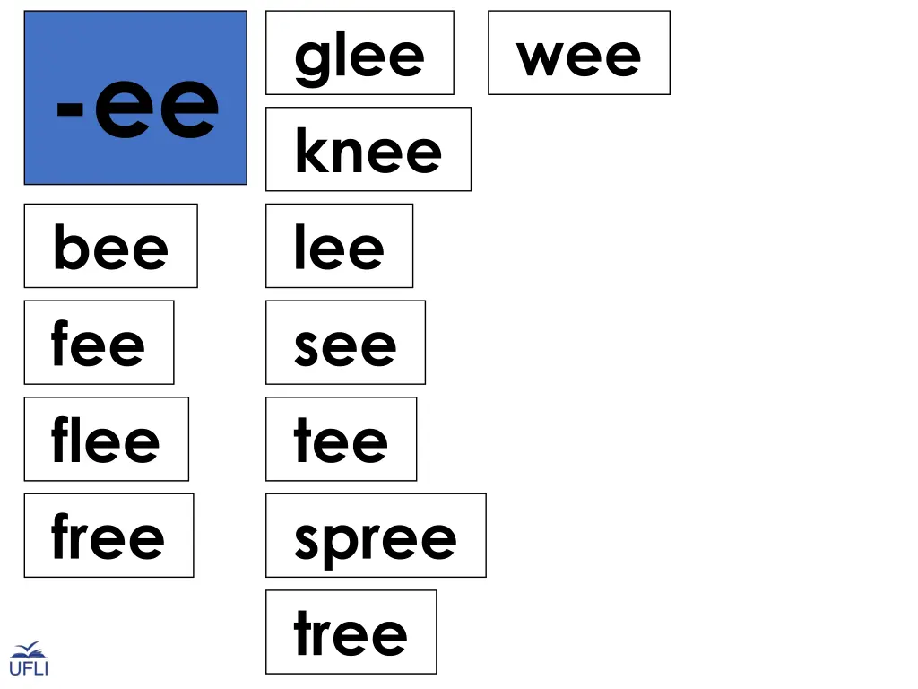 glee knee lee see tee spree tree