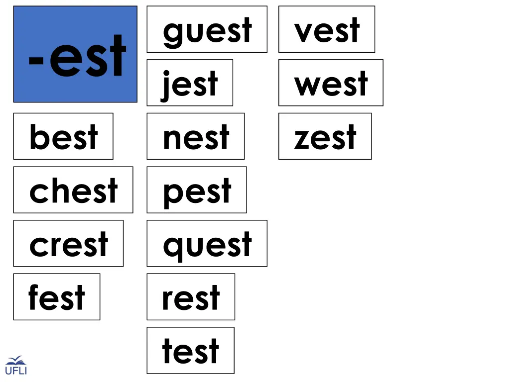 guest jest nest pest quest rest test