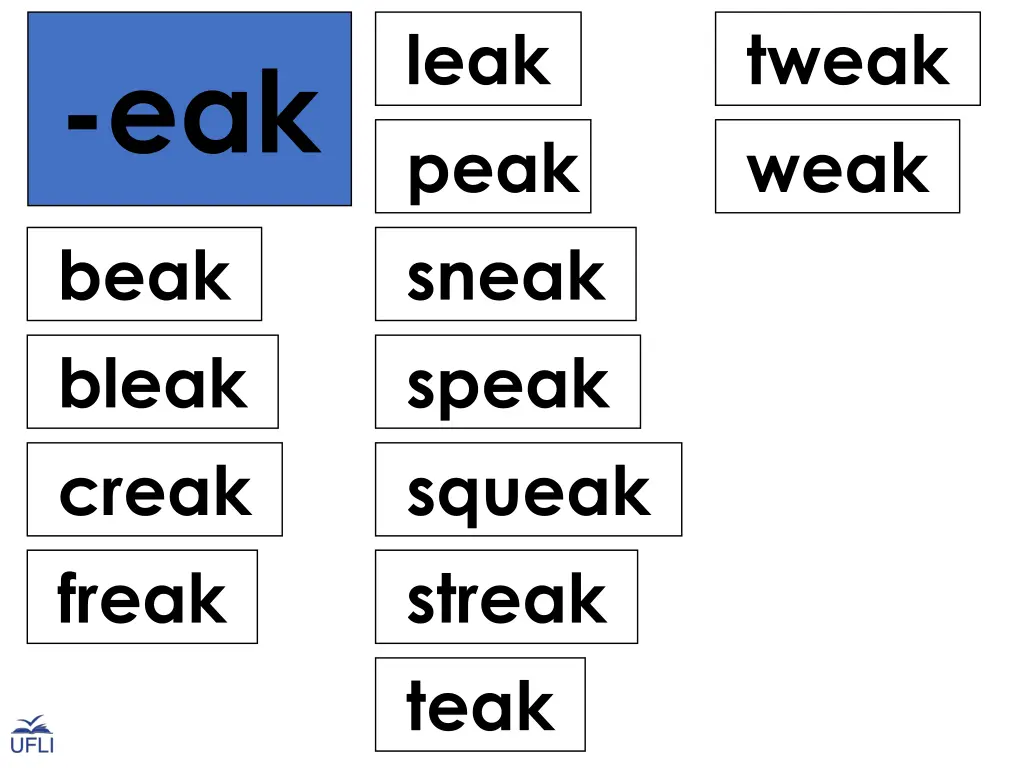 leak peak sneak speak squeak streak teak