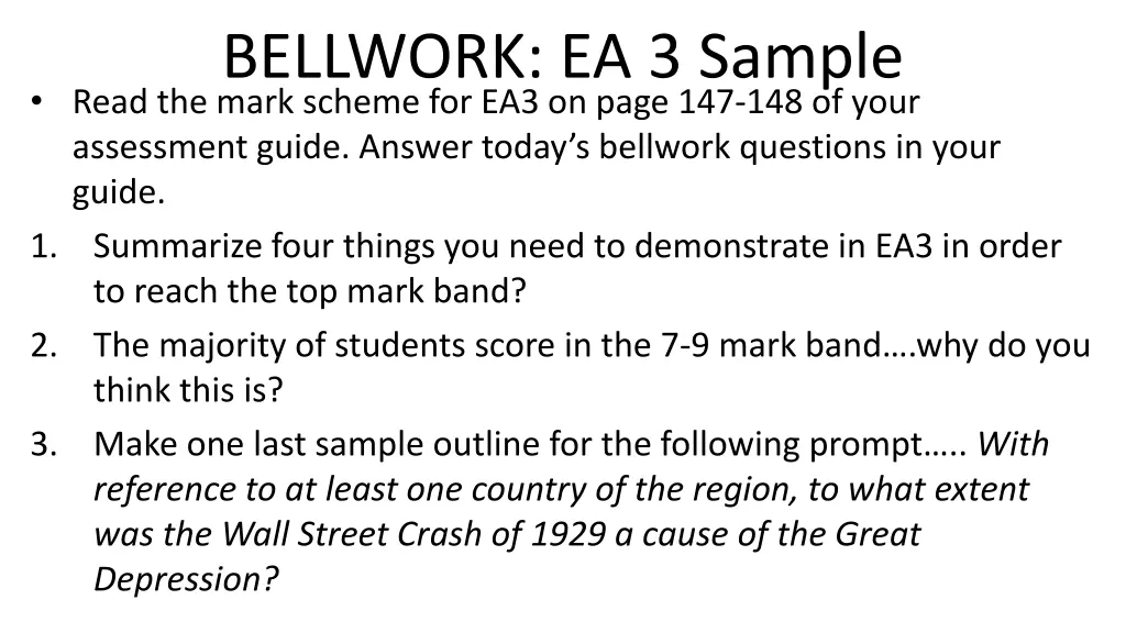 bellwork ea 3 sample read the mark scheme