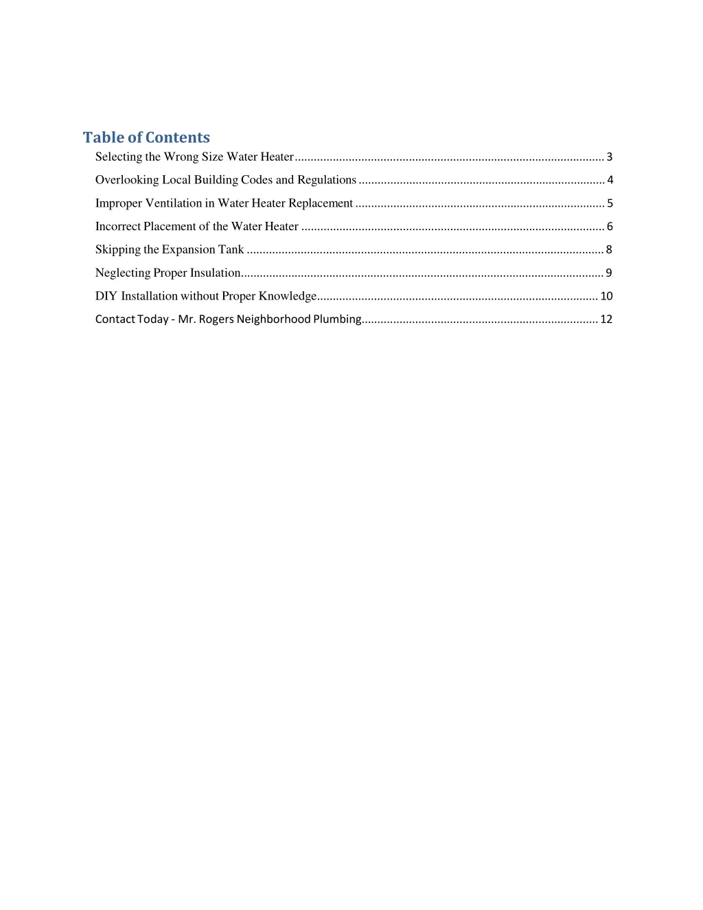 table of contents selecting the wrong size water