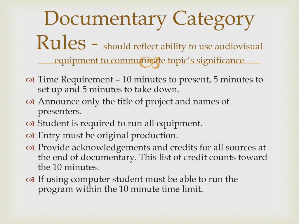 documentary category rules should reflect ability