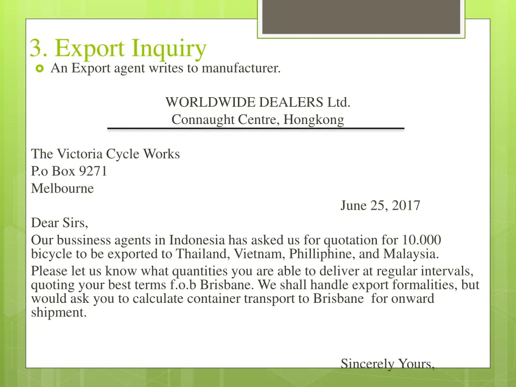 3 export inquiry an export agent writes