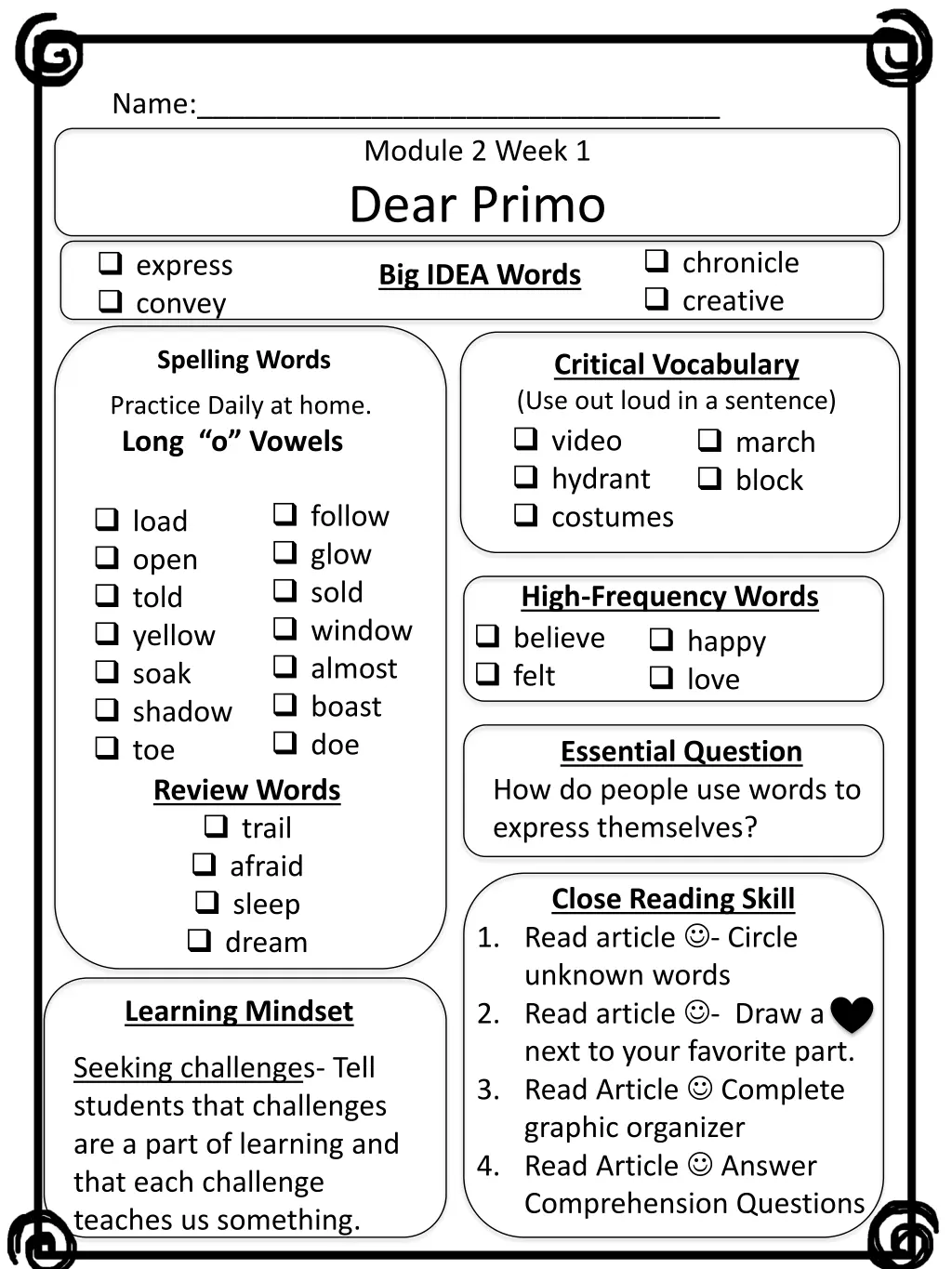 name module 2 week 1 dear primo big idea words