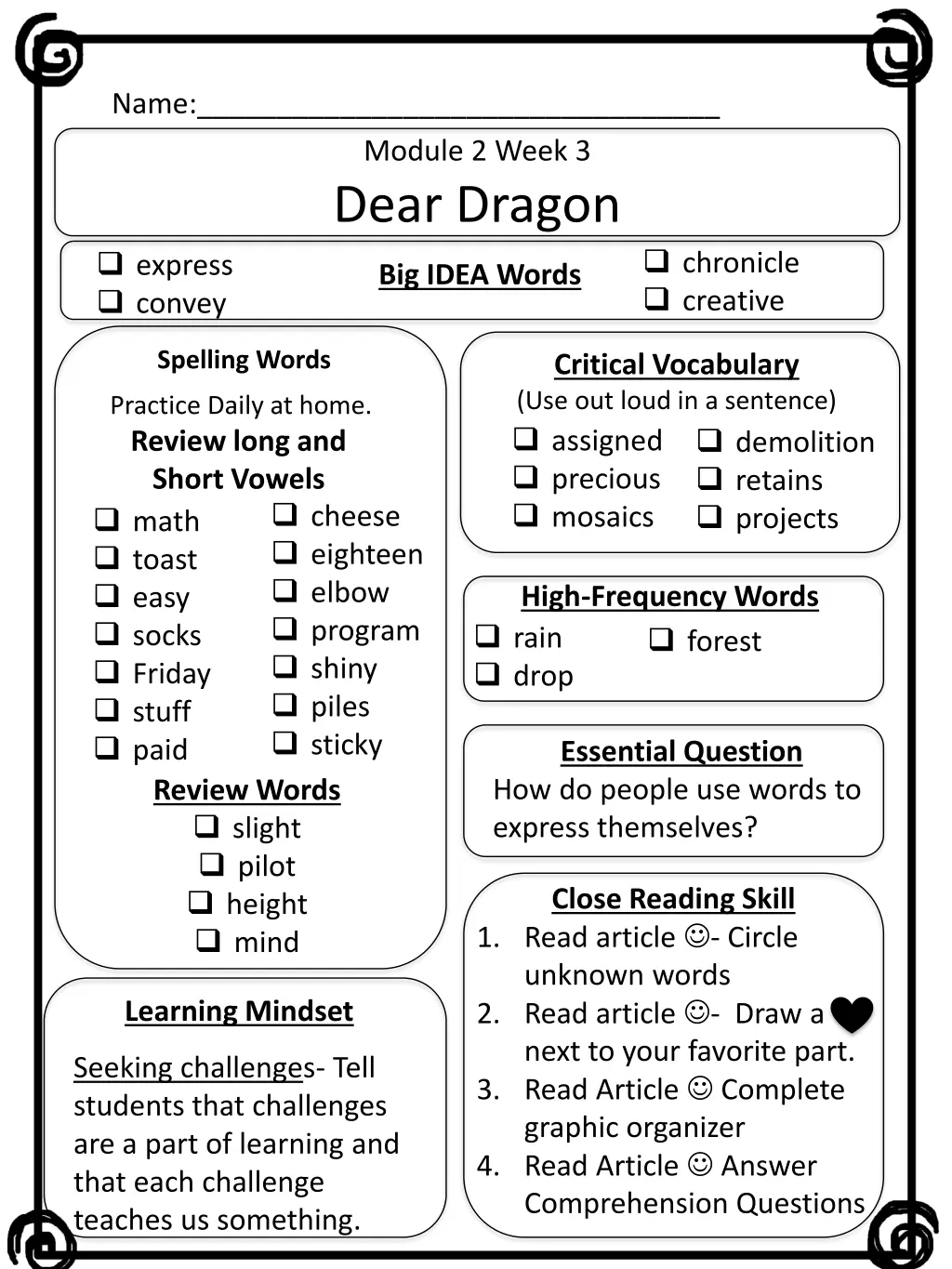 name module 2 week 3 dear dragon big idea words