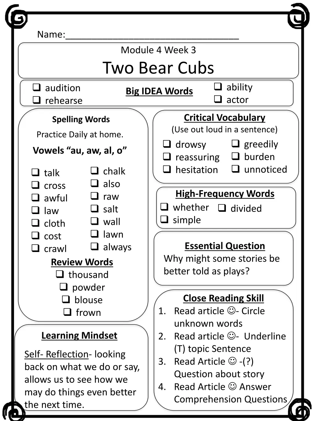 name module 4 week 3 two bear cubs big idea words