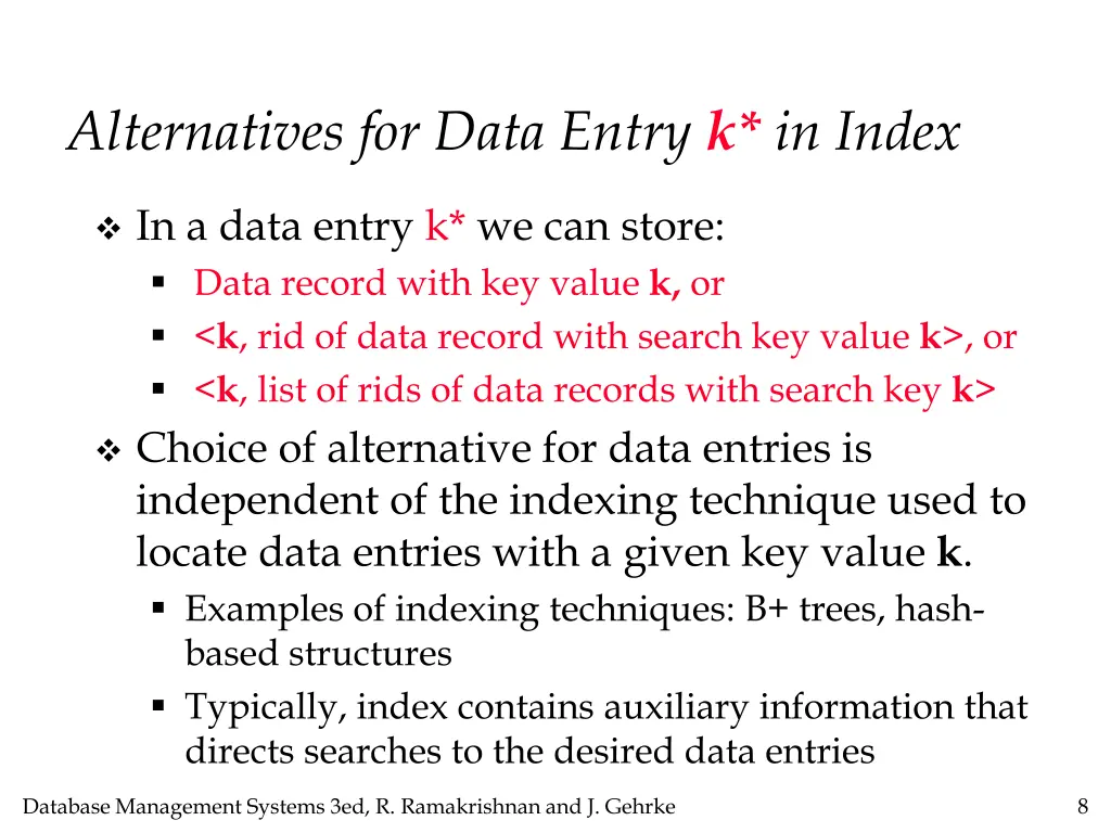 alternatives for data entry k in index