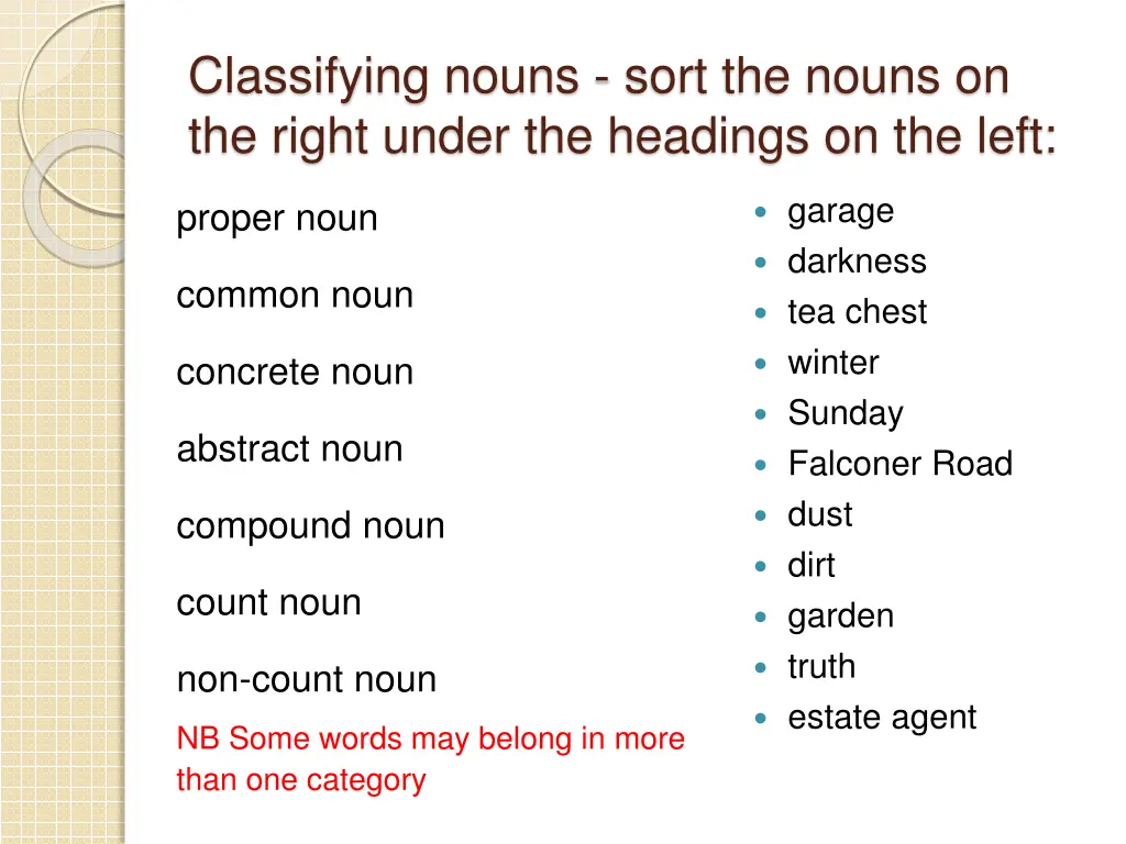 classifying nouns sort the nouns on the right