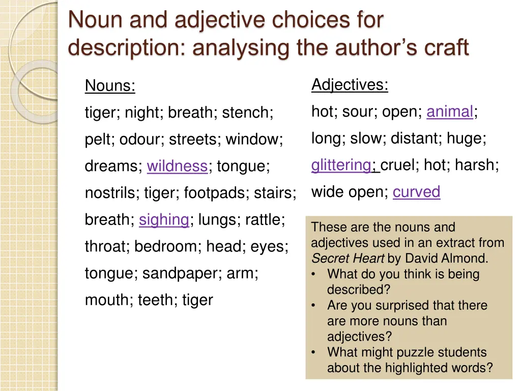 noun and adjective choices for description