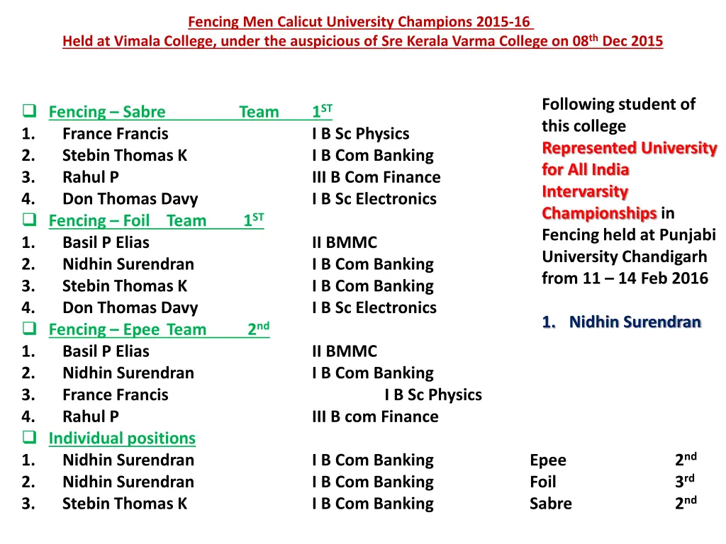 fencing men calicut university champions 2015