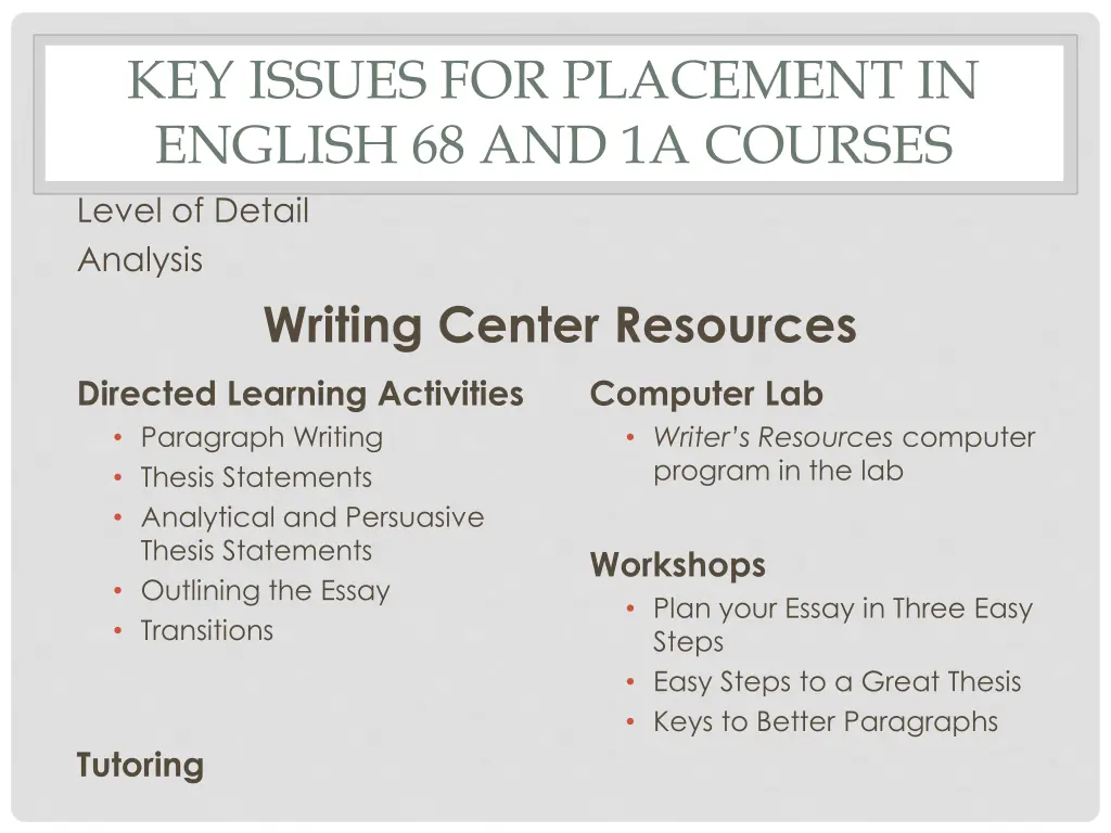 key issues for placement in english