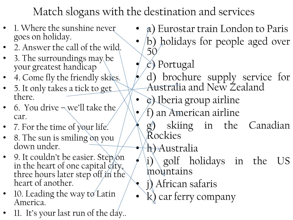 match slogans with the destination and services