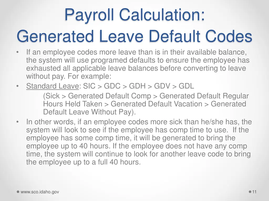 payroll calculation generated leave default codes