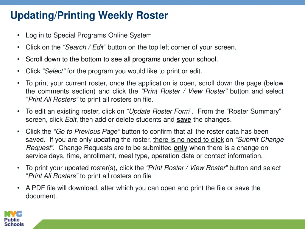 updating printing weekly roster