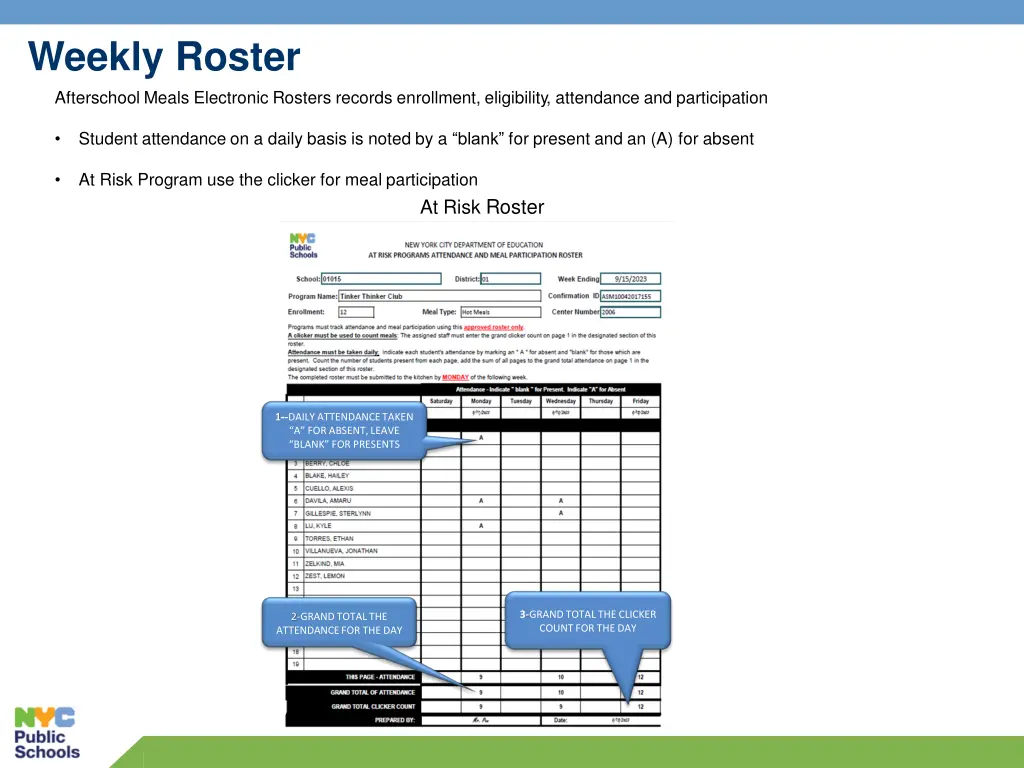 weekly roster afterschool meals electronic