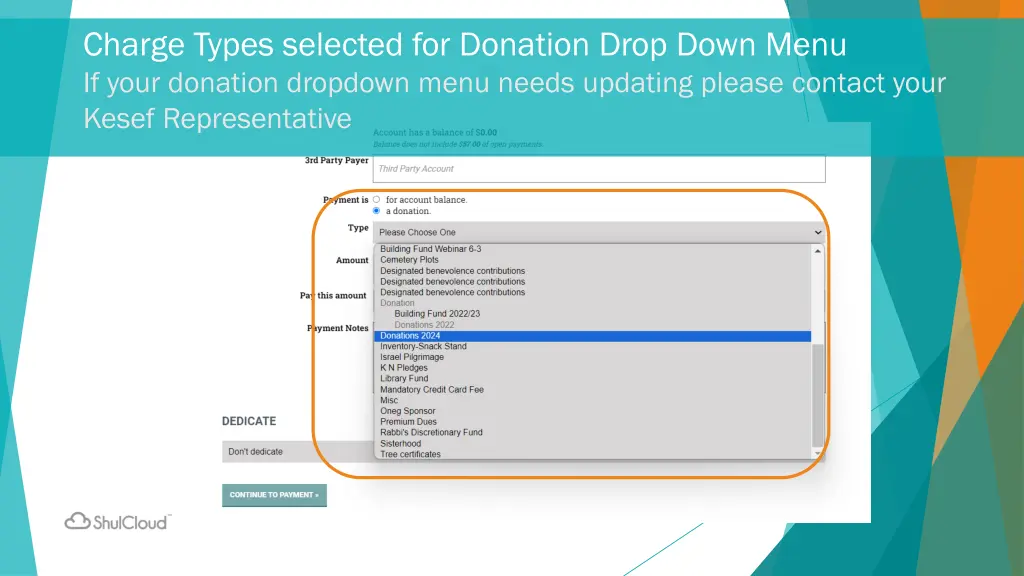 charge types selected for donation drop down menu