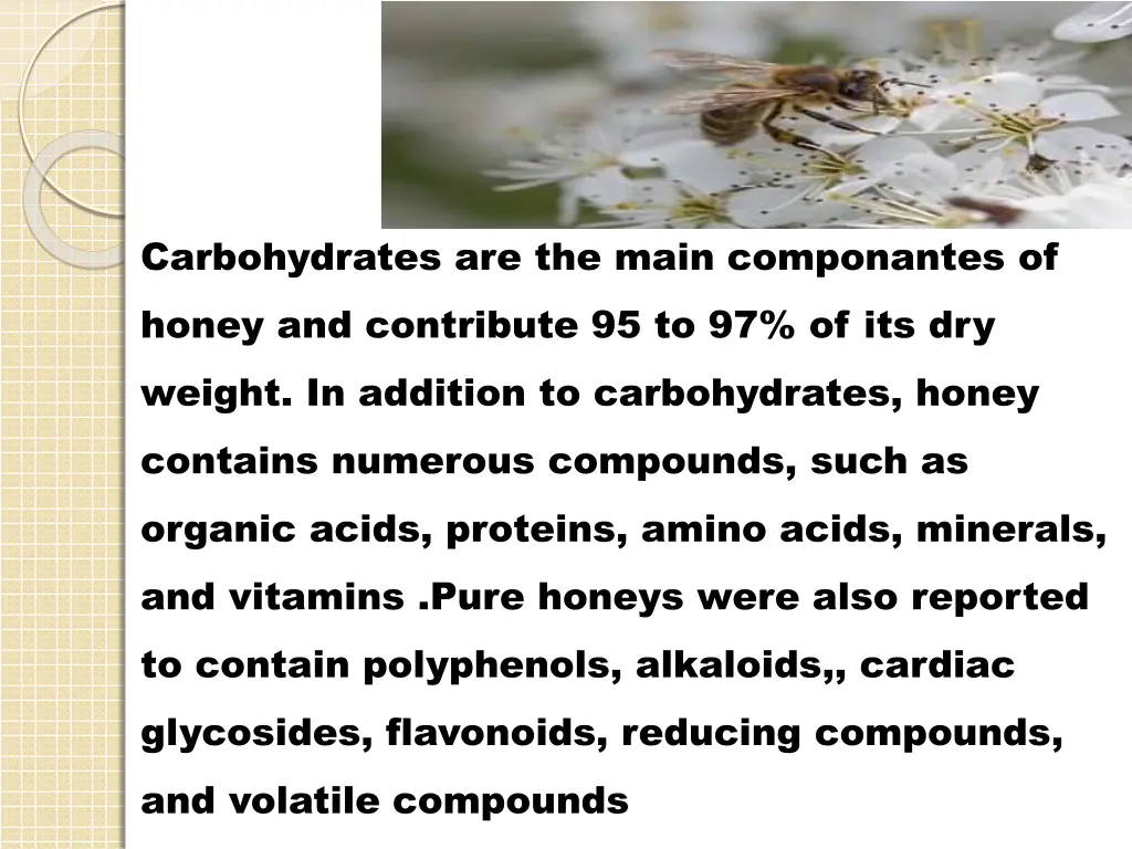 carbohydrates are the main componantes of honey