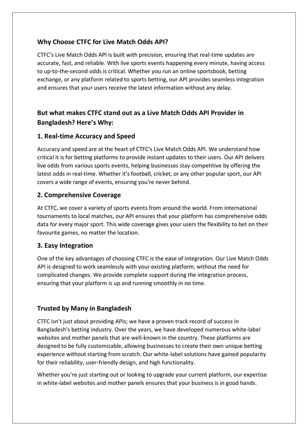 why choose ctfc for live match odds api