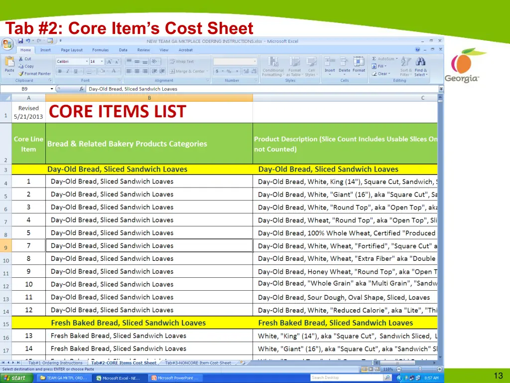 tab 2 core item s cost sheet