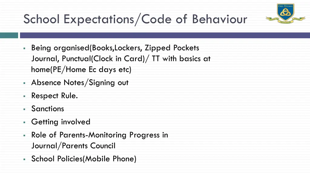 school expectations code of behaviour