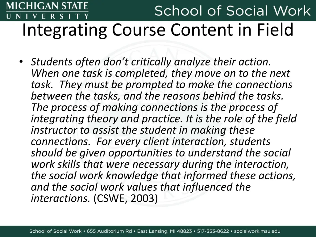 integrating course content in field 1