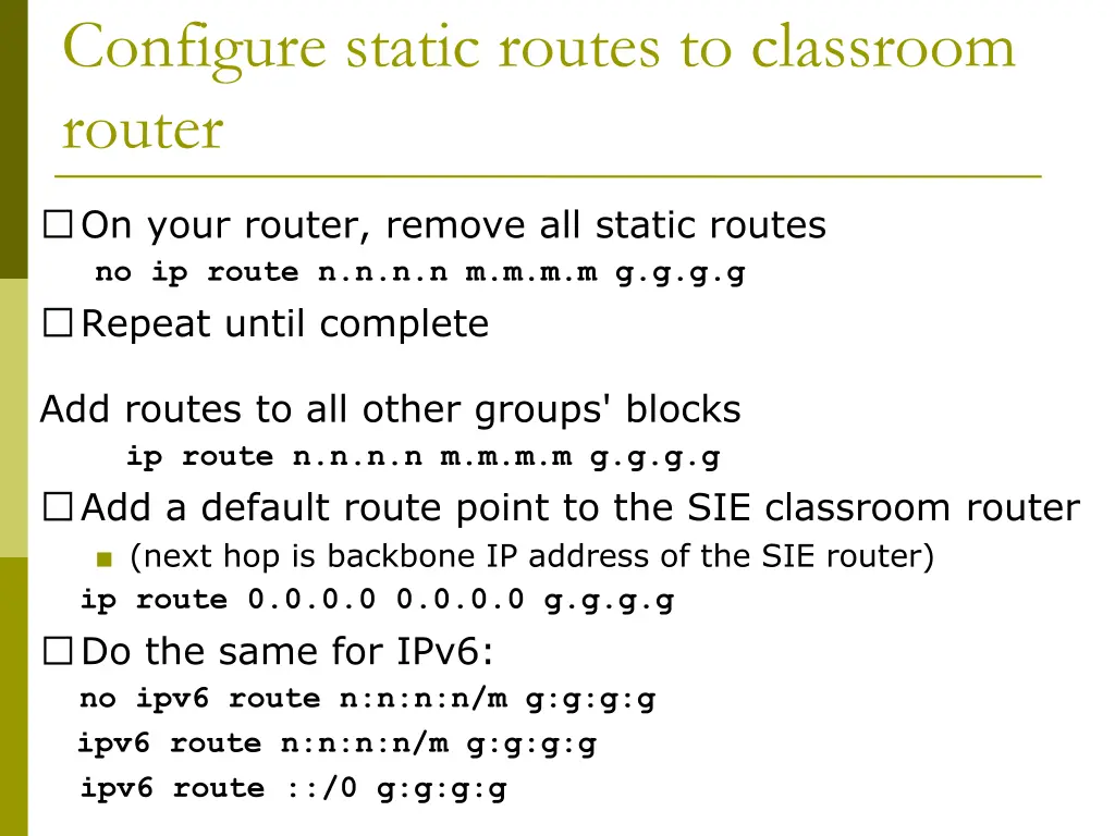 configure static routes to classroom router