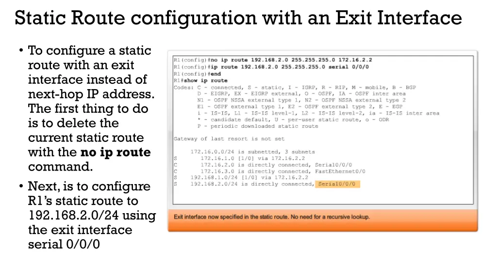 static route configuration with an exit interface