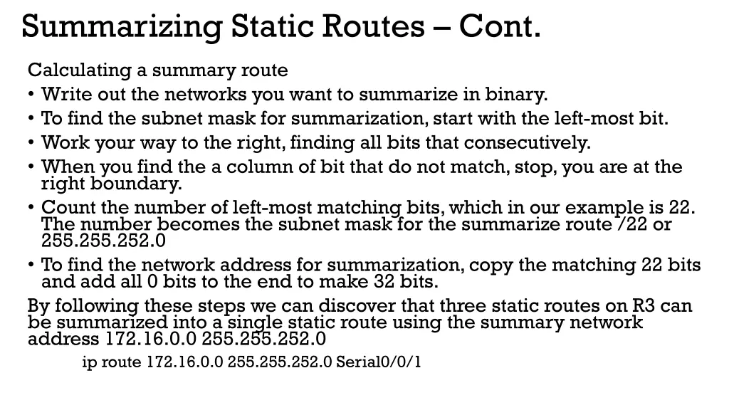 summarizing static routes cont