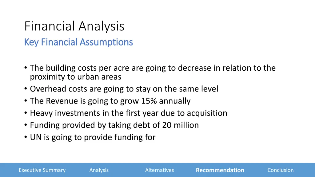 financial analysis key financial assumptions