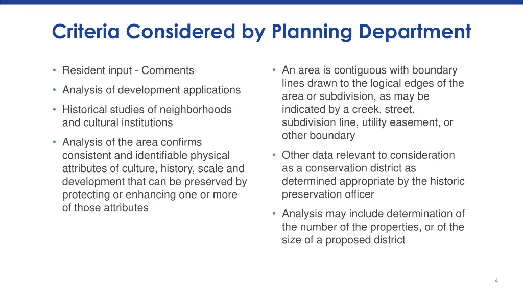 criteria considered by planning department