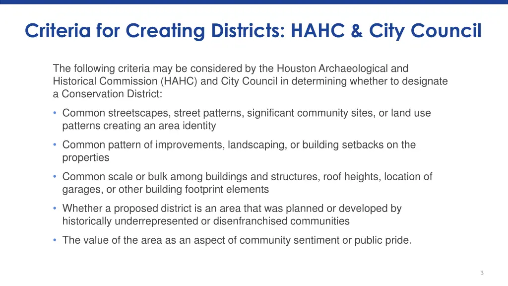 criteria for creating districts hahc city council