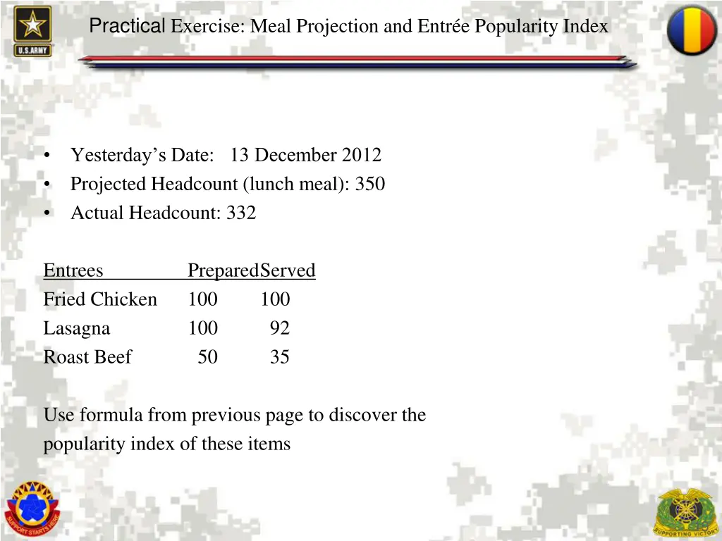 practical exercise meal projection and entr