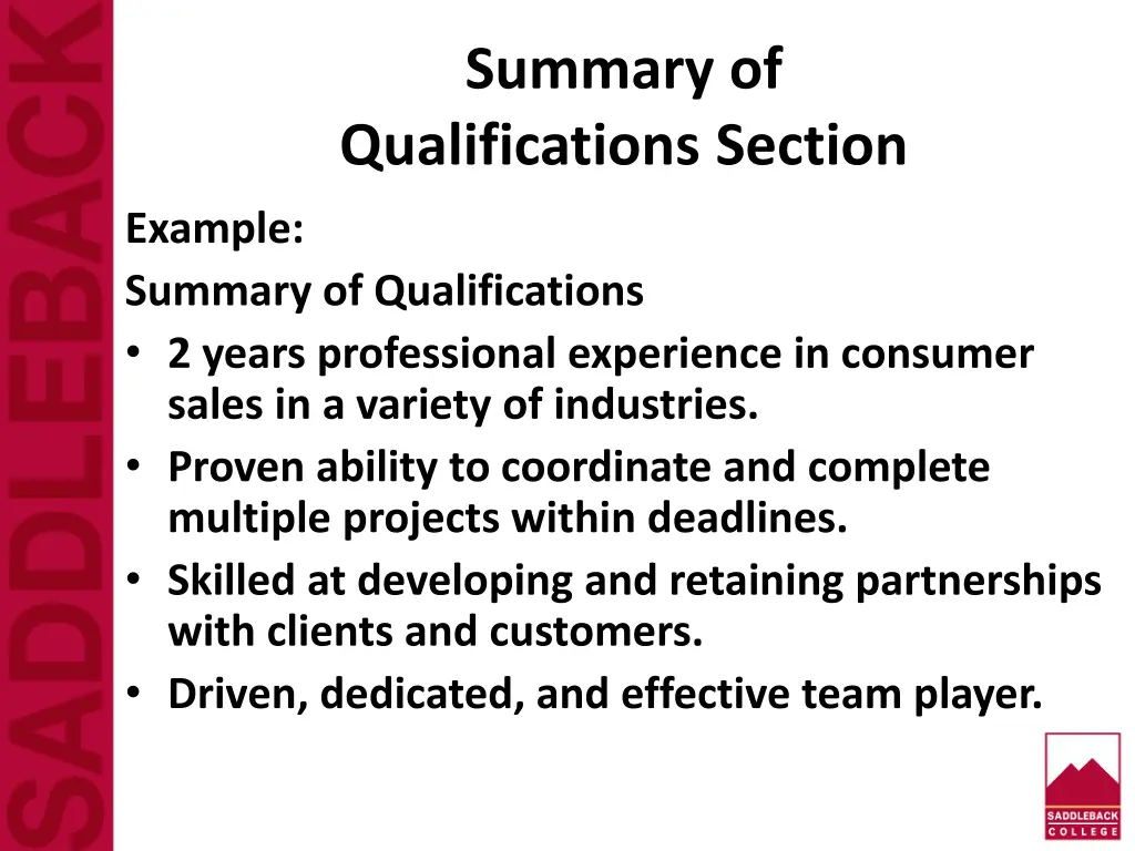 summary of qualifications section