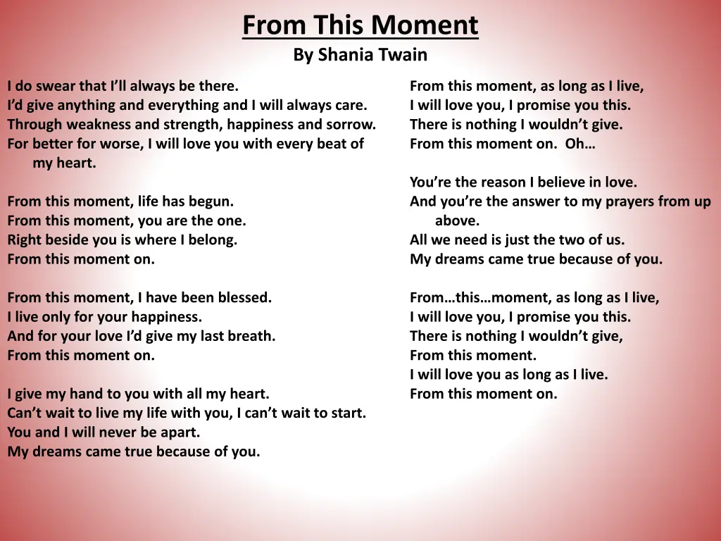 from this moment by shania twain