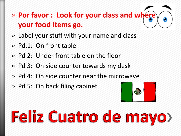 por favor look for your class and where your food