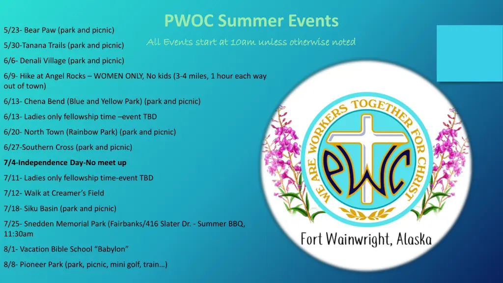 pwoc summer events all events start at 10am