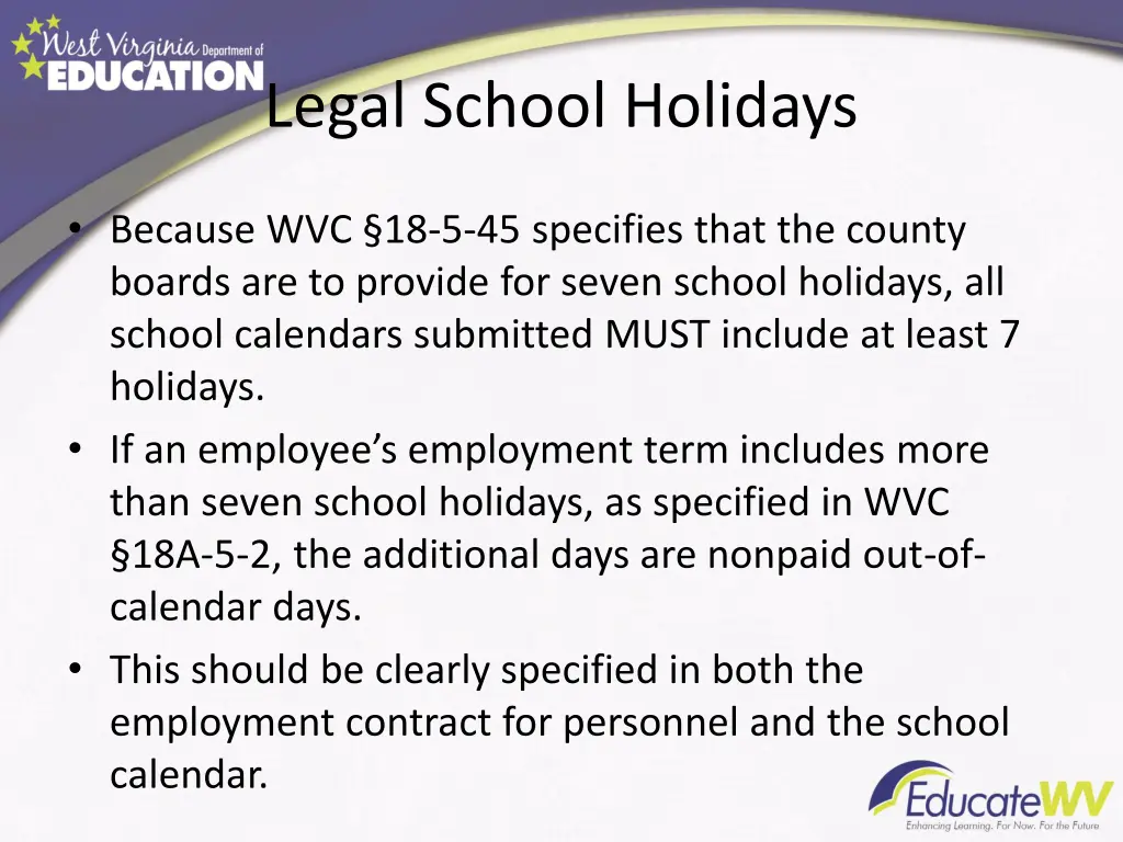 legal school holidays