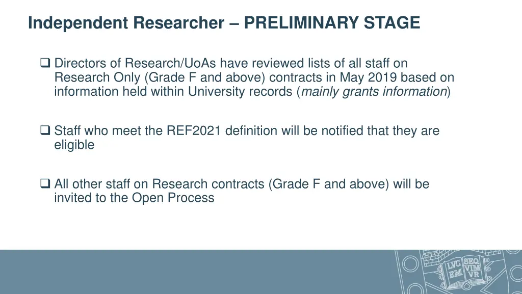 independent researcher preliminary stage