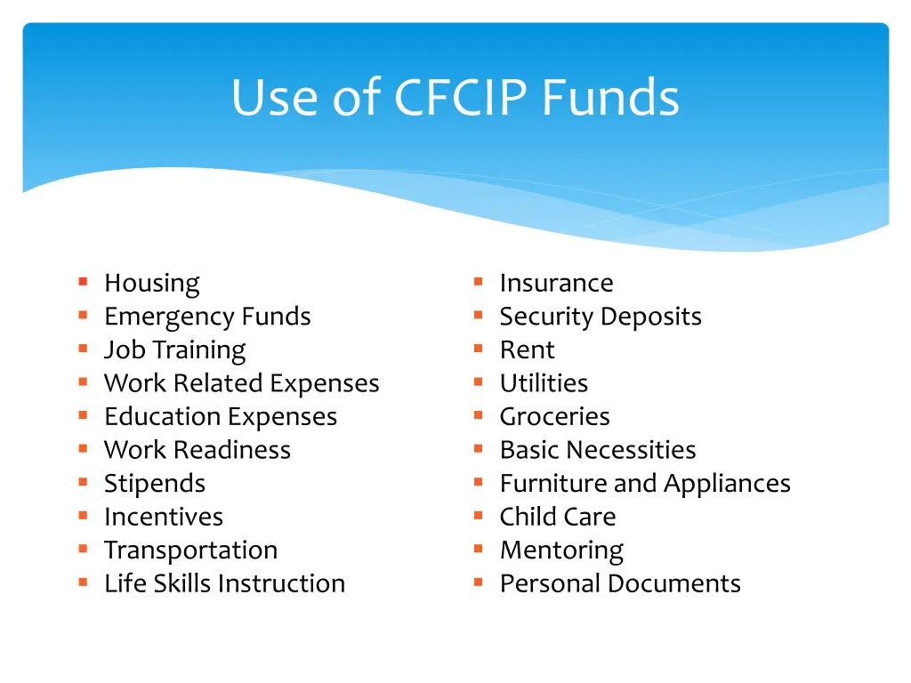 use of cfcip funds