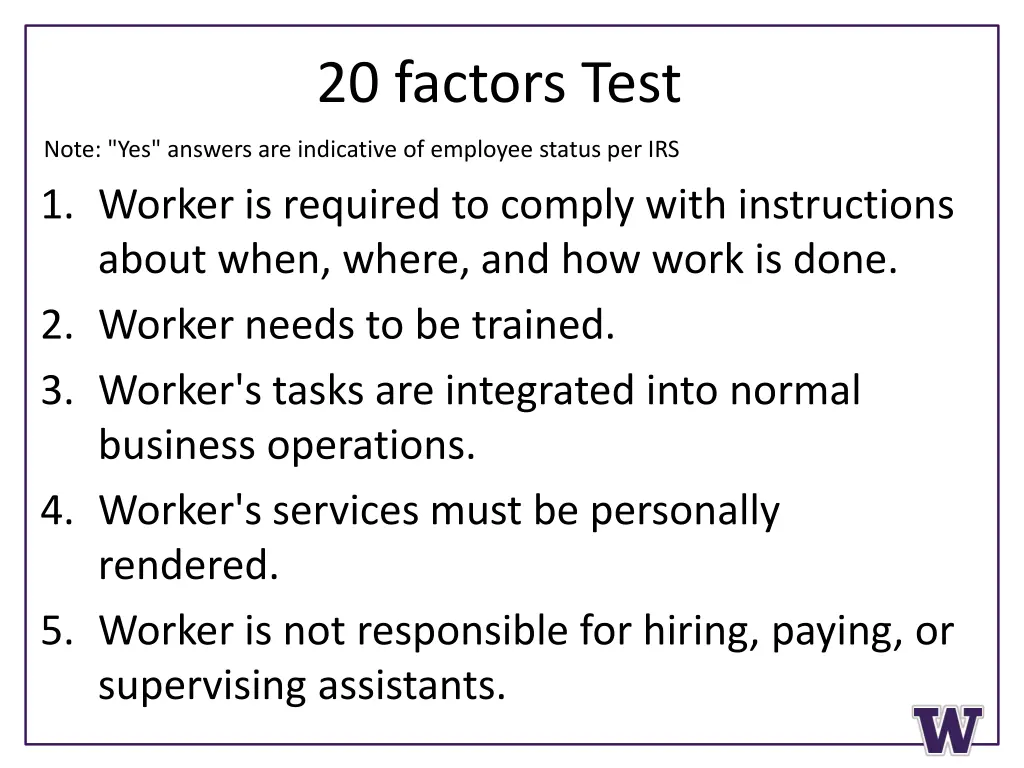 20 factors test